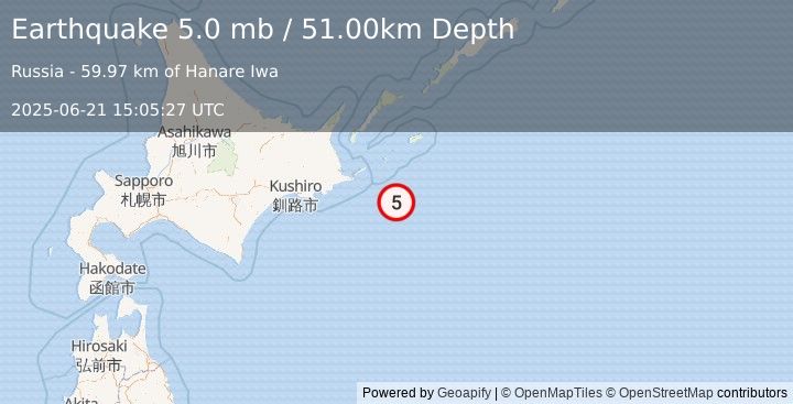 Earthquake OFF COAST OF HOKKAIDO, JAPAN (4.9 mb) (2025-06-21 15:05:23 UTC)