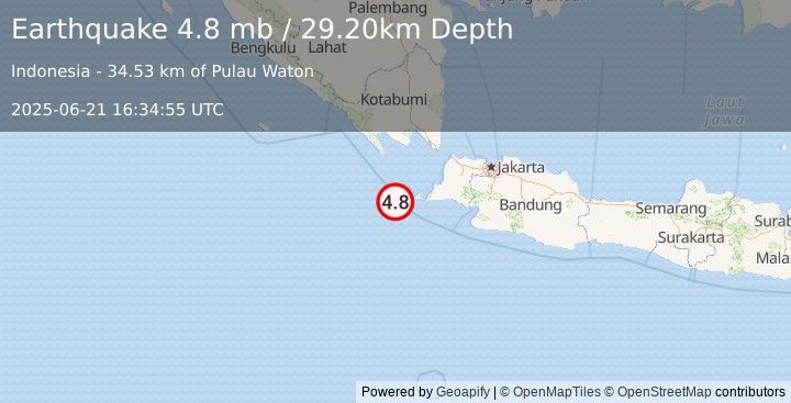 Earthquake SUNDA STRAIT, INDONESIA (4.8 mb) (2025-06-21 16:34:55 UTC)