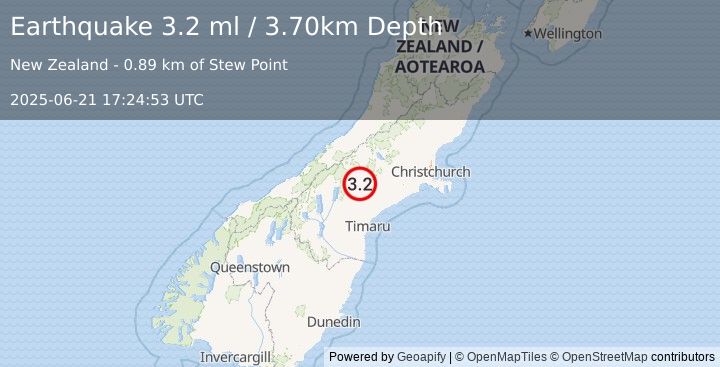 Earthquake SOUTH ISLAND OF NEW ZEALAND (3.2 ml) (2025-06-21 17:24:53 UTC)