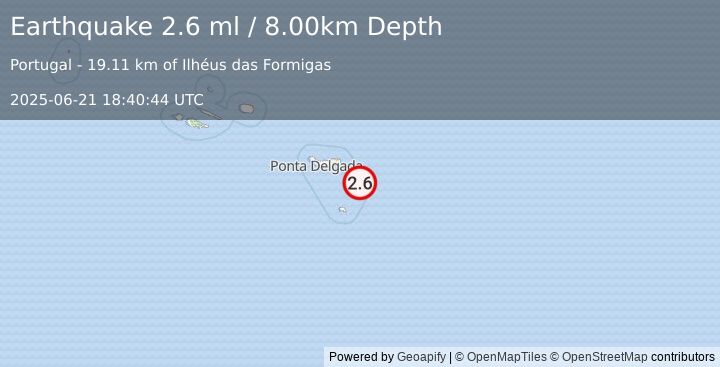 Earthquake AZORES ISLANDS REGION (2.6 ml) (2025-06-21 18:40:44 UTC)