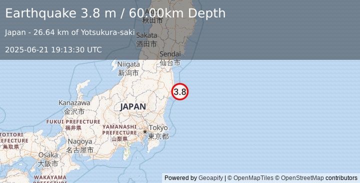 Earthquake NEAR EAST COAST OF HONSHU, JAPAN (3.8 m) (2025-06-21 19:13:30 UTC)