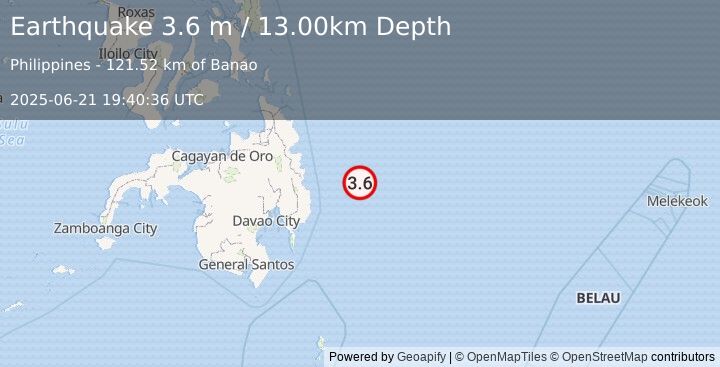 Earthquake PHILIPPINE ISLANDS REGION (3.6 m) (2025-06-21 19:40:36 UTC)