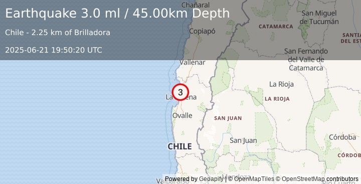 Earthquake COQUIMBO, CHILE (3.0 ml) (2025-06-21 19:50:20 UTC)