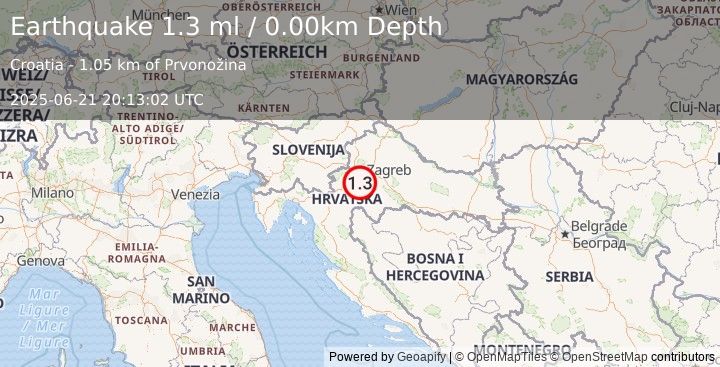 Earthquake CROATIA (1.3 ml) (2025-06-21 20:13:02 UTC)