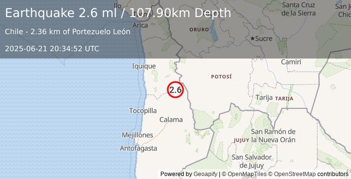 Earthquake ANTOFAGASTA, CHILE (2.6 ml) (2025-06-21 20:34:52 UTC)