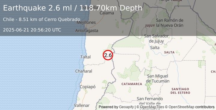 Earthquake ANTOFAGASTA, CHILE (2.6 ml) (2025-06-21 20:56:20 UTC)