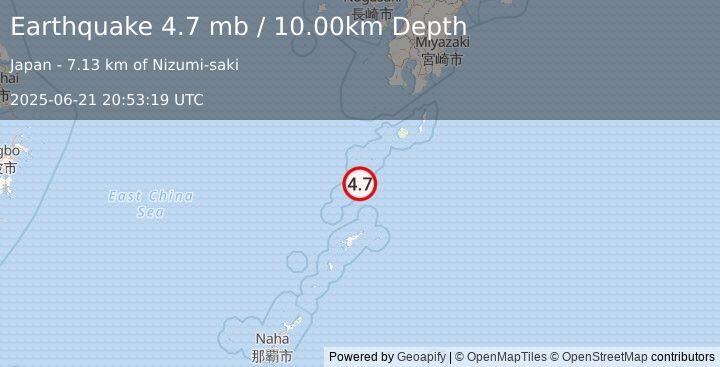 Earthquake RYUKYU ISLANDS, JAPAN (4.7 mb) (2025-06-21 20:53:19 UTC)