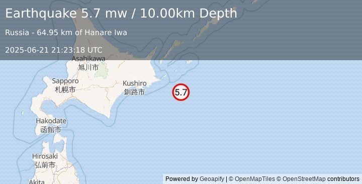 Earthquake OFF COAST OF HOKKAIDO, JAPAN (6.1 mw) (2025-06-21 21:23:17 UTC)