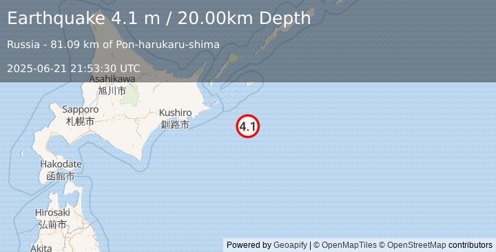 Earthquake OFF COAST OF HOKKAIDO, JAPAN (4.1 m) (2025-06-21 21:53:45 UTC)