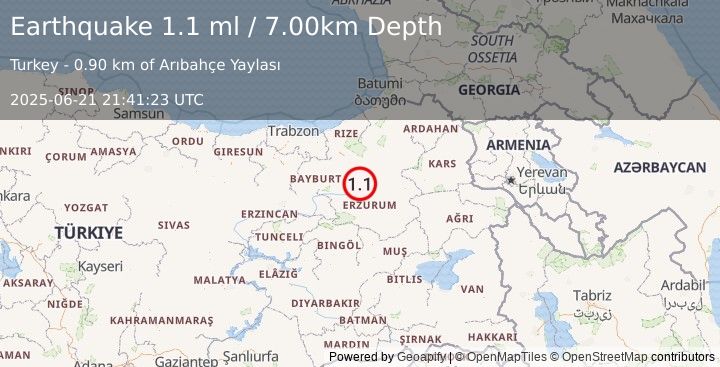 Earthquake EASTERN TURKEY (1.1 ml) (2025-06-21 21:41:23 UTC)