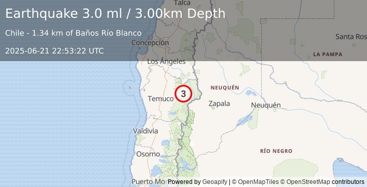 Earthquake ARAUCANIA, CHILE (3.0 ml) (2025-06-21 22:53:22 UTC)