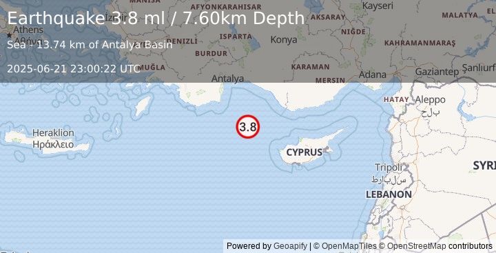 Earthquake CYPRUS REGION (3.8 ml) (2025-06-21 23:00:22 UTC)
