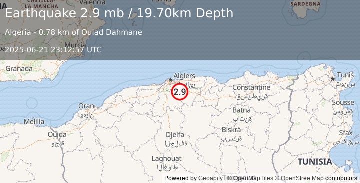 Earthquake NORTHERN ALGERIA (2.9 mb) (2025-06-21 23:12:57 UTC)