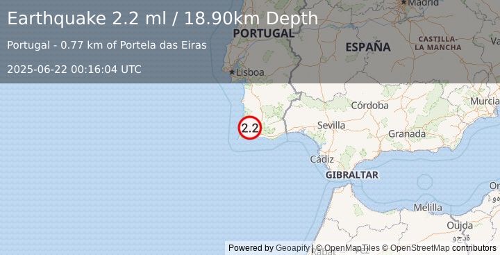 Earthquake PORTUGAL (2.2 ml) (2025-06-22 00:16:04 UTC)
