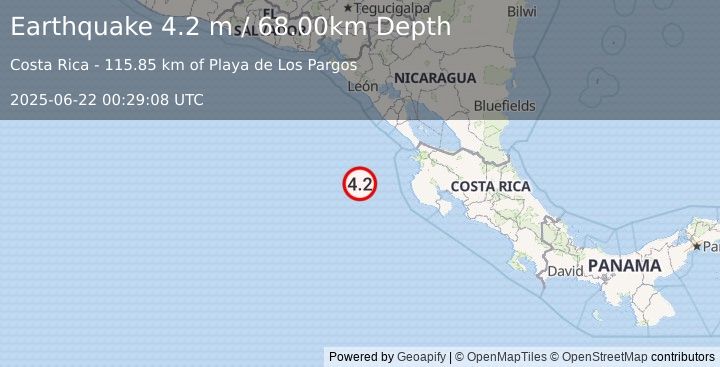 Earthquake OFF COAST OF COSTA RICA (4.2 m) (2025-06-22 00:29:08 UTC)
