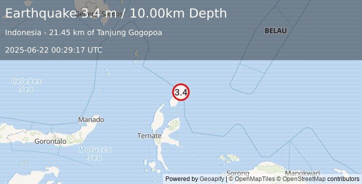 Earthquake HALMAHERA, INDONESIA (3.4 m) (2025-06-22 00:29:17 UTC)