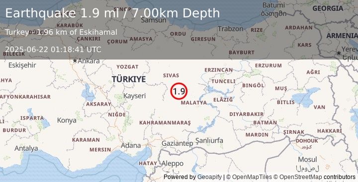 Earthquake CENTRAL TURKEY (1.9 ml) (2025-06-22 01:18:41 UTC)