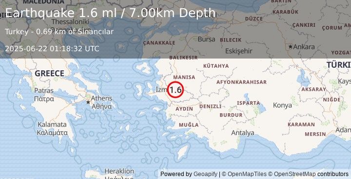 Earthquake WESTERN TURKEY (1.6 ml) (2025-06-22 01:18:32 UTC)