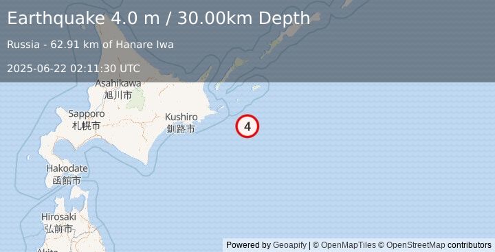 Earthquake OFF COAST OF HOKKAIDO, JAPAN (4.0 m) (2025-06-22 02:11:30 UTC)