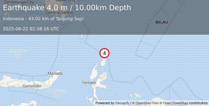 Earthquake NORTH OF HALMAHERA, INDONESIA (4.0 m) (2025-06-22 02:38:16 UTC)