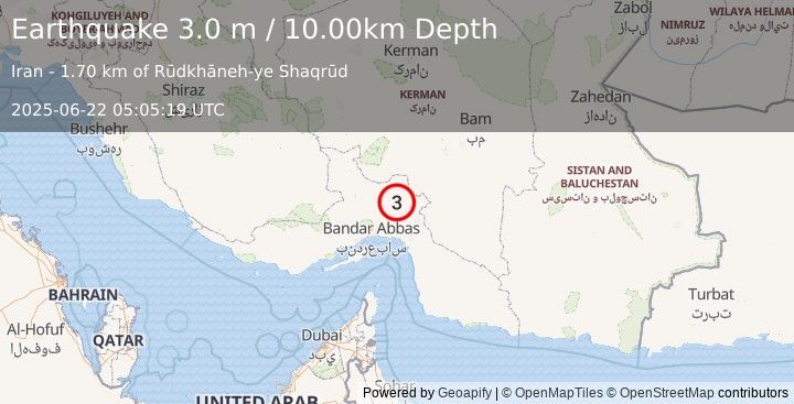 Earthquake SOUTHERN IRAN (3.0 m) (2025-06-22 05:05:19 UTC)