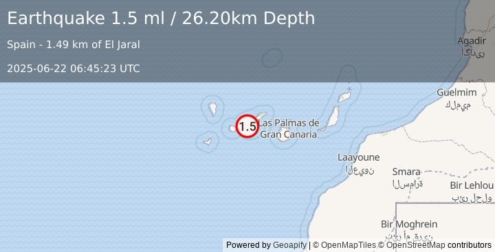 Earthquake CANARY ISLANDS, SPAIN REGION (1.5 ml) (2025-06-22 06:45:23 UTC)