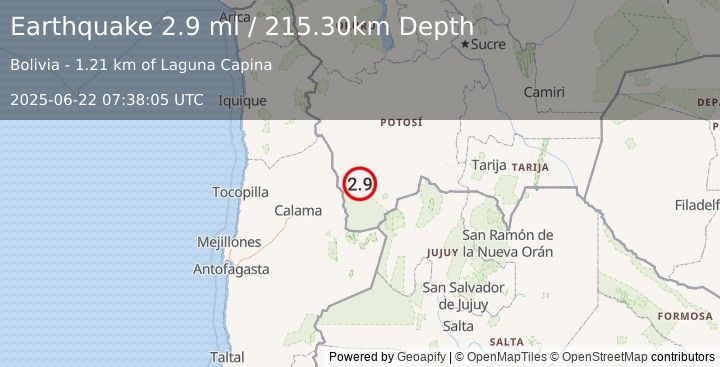 Earthquake POTOSI, BOLIVIA (2.9 ml) (2025-06-22 07:38:05 UTC)
