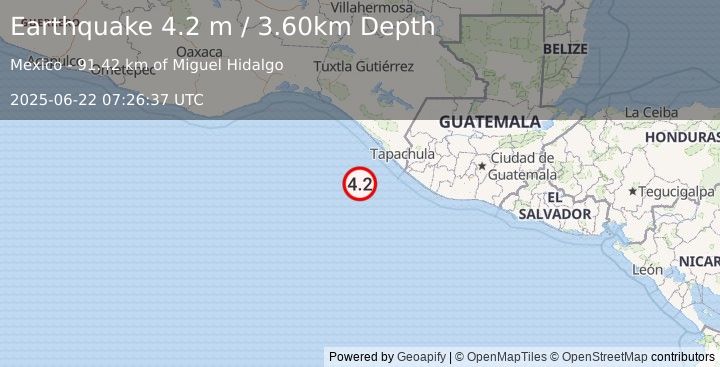 Earthquake OFFSHORE CHIAPAS, MEXICO (4.2 m) (2025-06-22 07:26:37 UTC)