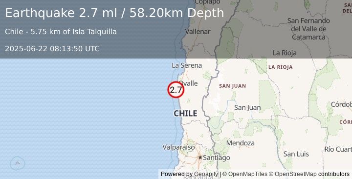 Earthquake OFFSHORE COQUIMBO, CHILE (2.7 ml) (2025-06-22 08:13:50 UTC)
