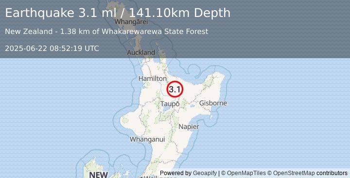 Earthquake NORTH ISLAND OF NEW ZEALAND (3.1 ml) (2025-06-22 08:52:19 UTC)