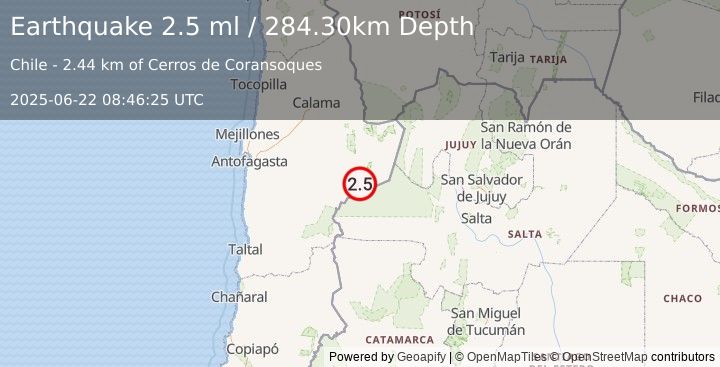 Earthquake ANTOFAGASTA, CHILE (2.5 ml) (2025-06-22 08:46:25 UTC)