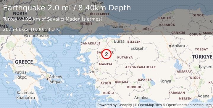 Earthquake WESTERN TURKEY (2.0 ml) (2025-06-22 10:00:18 UTC)