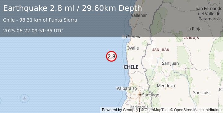 Earthquake OFFSHORE COQUIMBO, CHILE (2.8 ml) (2025-06-22 09:51:35 UTC)