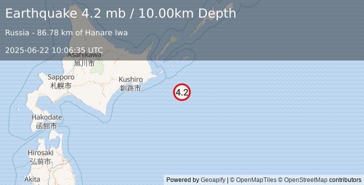 Earthquake OFF COAST OF HOKKAIDO, JAPAN (4.2 mb) (2025-06-22 10:06:35 UTC)