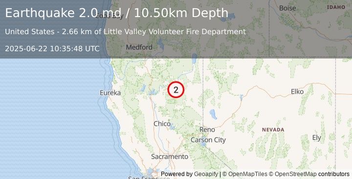 Earthquake NORTHERN CALIFORNIA (2.0 md) (2025-06-22 10:35:48 UTC)