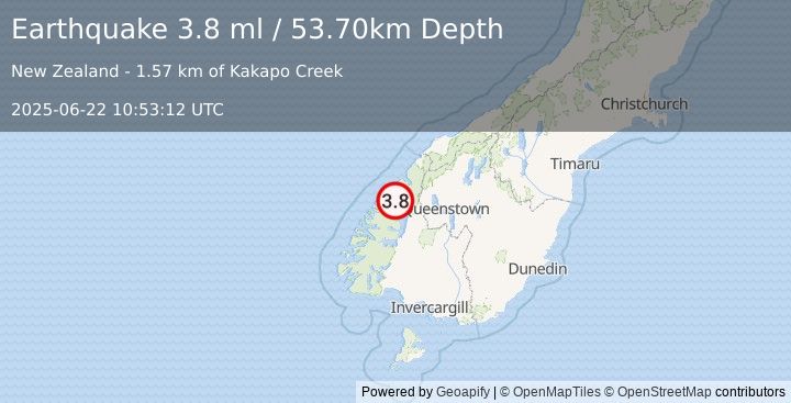 Earthquake SOUTH ISLAND OF NEW ZEALAND (3.8 ml) (2025-06-22 10:53:12 UTC)