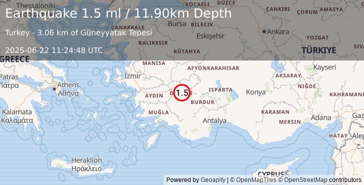 Earthquake WESTERN TURKEY (1.5 ml) (2025-06-22 11:24:48 UTC)