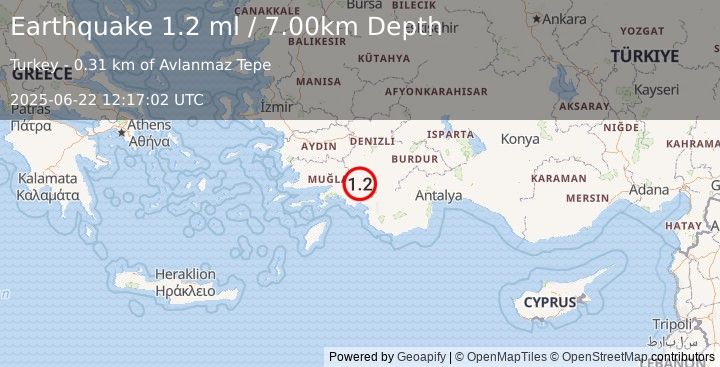 Earthquake WESTERN TURKEY (1.2 ml) (2025-06-22 12:17:02 UTC)