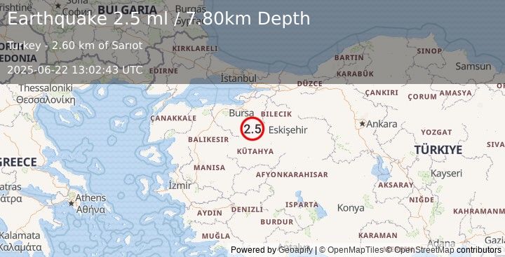 Earthquake WESTERN TURKEY (2.5 ml) (2025-06-22 13:02:43 UTC)