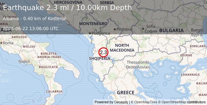 Earthquake ALBANIA (2.3 ml) (2025-06-22 13:06:00 UTC)