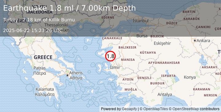 Earthquake NEAR THE COAST OF WESTERN TURKEY (1.8 ml) (2025-06-22 15:23:26 UTC)