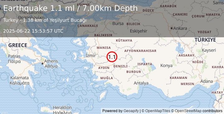 Earthquake WESTERN TURKEY (1.1 ml) (2025-06-22 15:53:57 UTC)