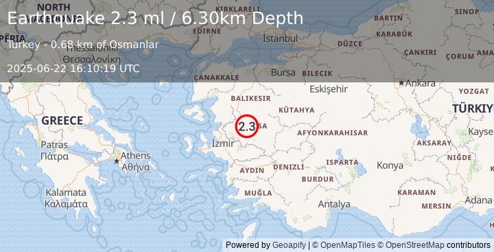 Earthquake WESTERN TURKEY (2.3 ml) (2025-06-22 16:10:19 UTC)