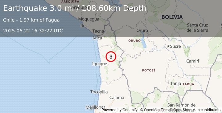 Earthquake TARAPACA, CHILE (3.0 ml) (2025-06-22 16:32:22 UTC)