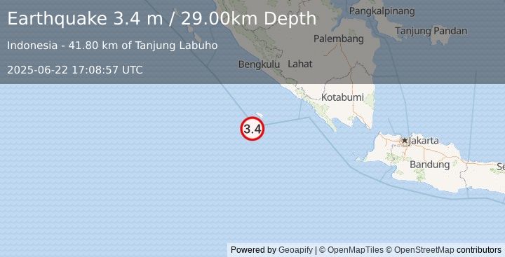 Earthquake SOUTHERN SUMATRA, INDONESIA (3.4 m) (2025-06-22 17:08:57 UTC)