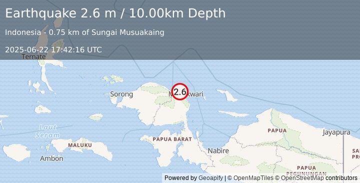 Earthquake NEAR N COAST OF PAPUA, INDONESIA (2.6 m) (2025-06-22 17:42:16 UTC)