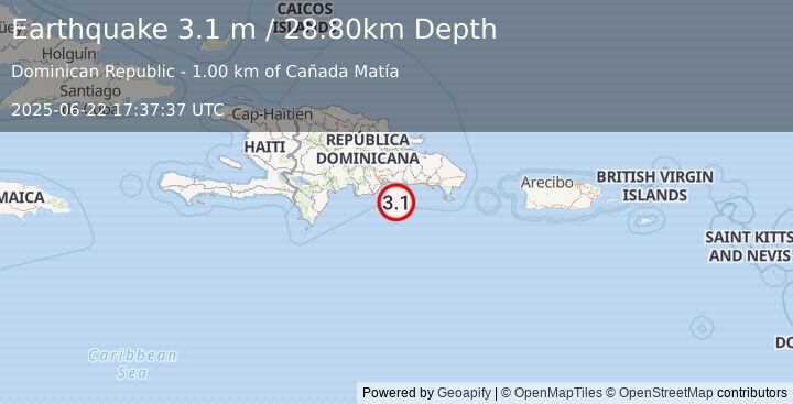 Earthquake DOMINICAN REPUBLIC REGION (3.1 m) (2025-06-22 17:37:37 UTC)