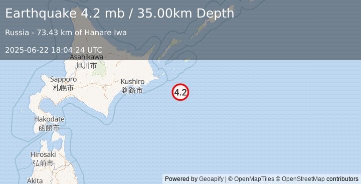 Earthquake OFF COAST OF HOKKAIDO, JAPAN (4.2 mb) (2025-06-22 18:04:24 UTC)