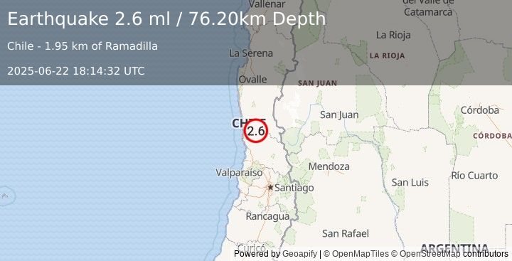 Earthquake COQUIMBO, CHILE (2.6 ml) (2025-06-22 18:14:32 UTC)