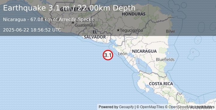 Earthquake NEAR COAST OF NICARAGUA (3.1 m) (2025-06-22 18:56:52 UTC)